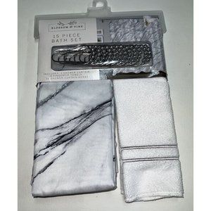 Marble Fabric Shower Curtain Silver RollerBall Hooks Towel  White Gray Black Set